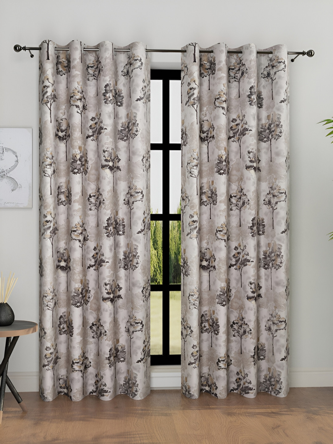Aura Grey & Cream-Coloured 2 Pcs Floral Room Darkening Door Curtain