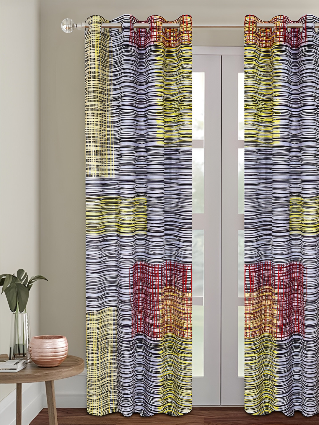 Aura Blue & Red Abstract Printed Room Darkening Door Curtain
