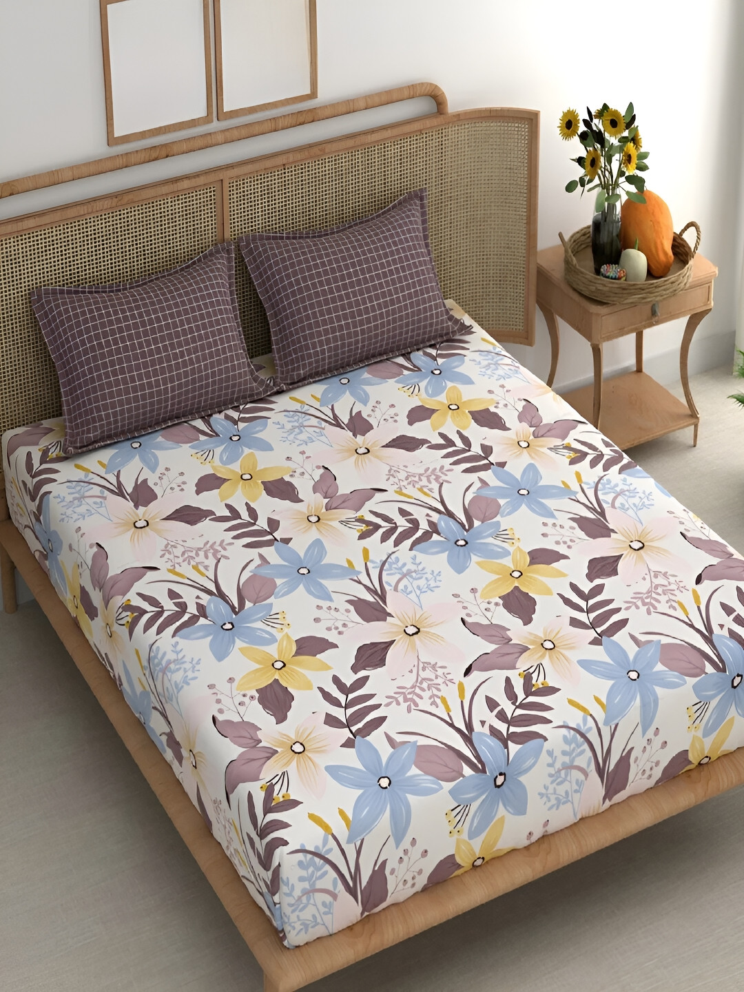 Srijee Decors Bronze Floral Cotton 210 TC Fitted King Fine Bedsheet with 2 Pillow Covers-198 x 182 cm