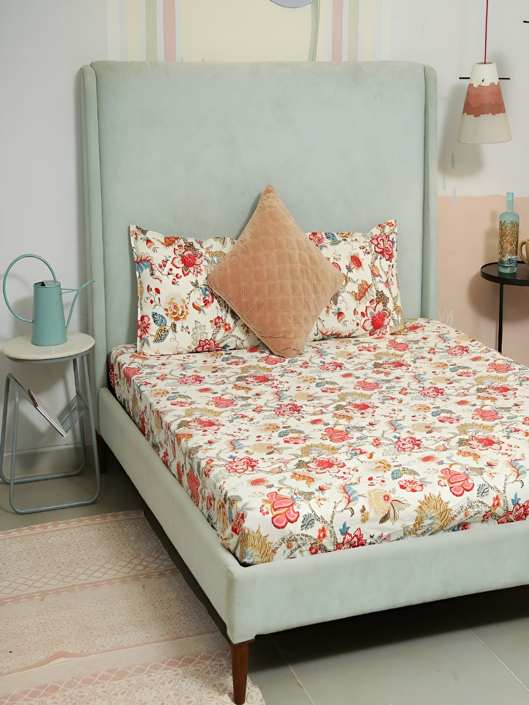 Srijee Decors Tropical All Over Red Floral Polycotton 250 TC Fitted King Fine Bedsheet with 2 Pillow Covers-78 x 72 inches