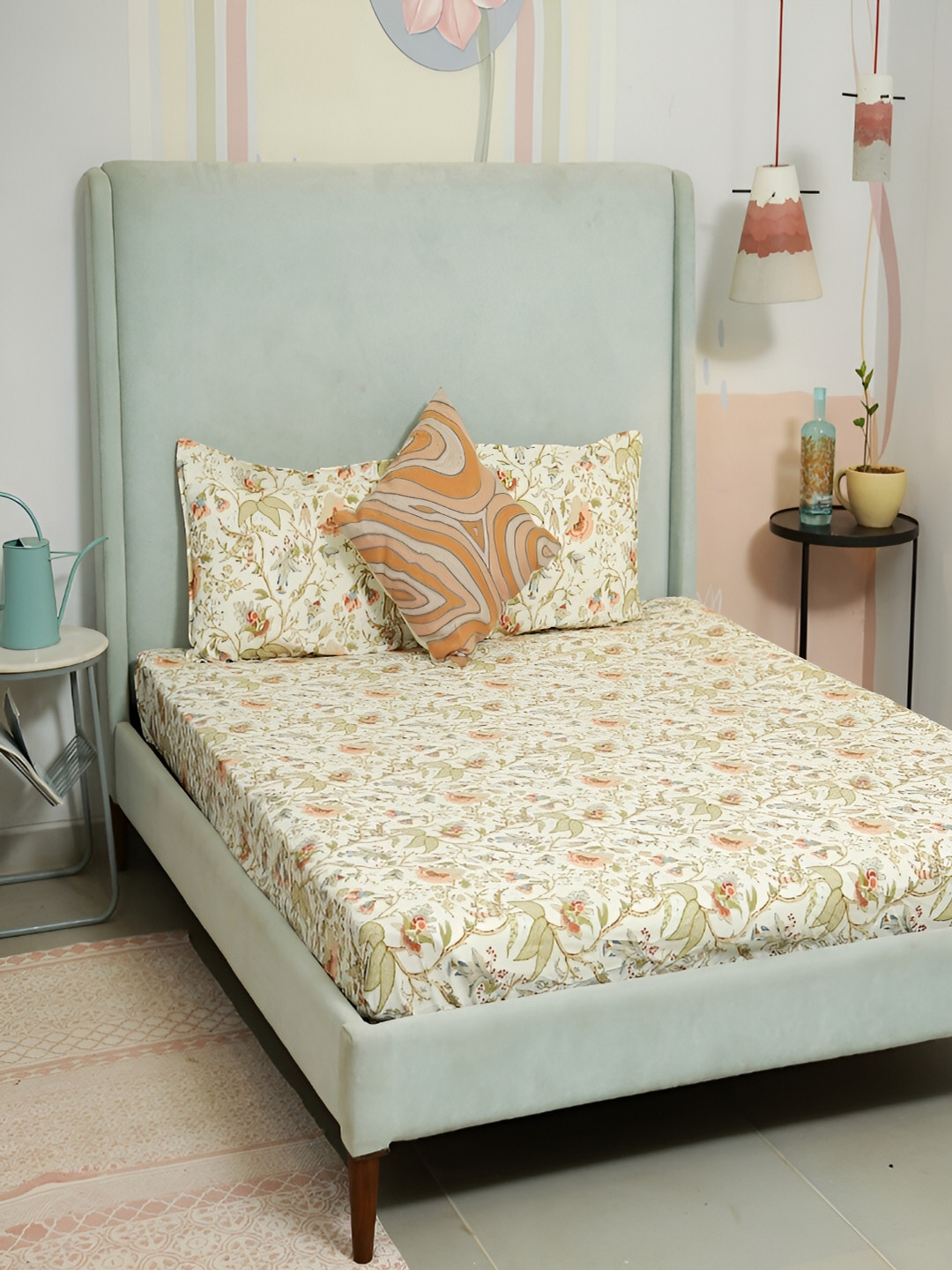 Srijee Decors Tropical All Over Peach Floral Cotton 250 TC Fitted King Bedsheet with 2 Pillow Covers-78 x 72 inches