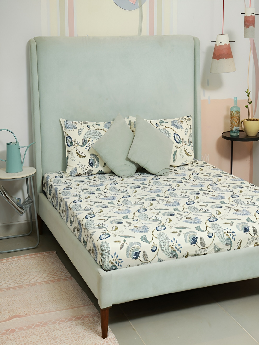 Srijee Decors Off White Floral Cotton 250 TC Fitted King Fine Bedsheet with 2 Pillow Covers-78 x 72 inches