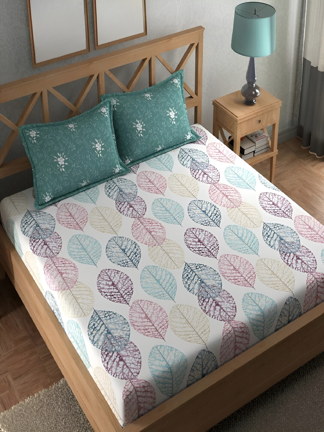 Srijee Decors Leaflet White Leaf Polycotton 210 TC Fitted King Fine Bedsheet with 2 Pillow Covers-78 x 72 inches