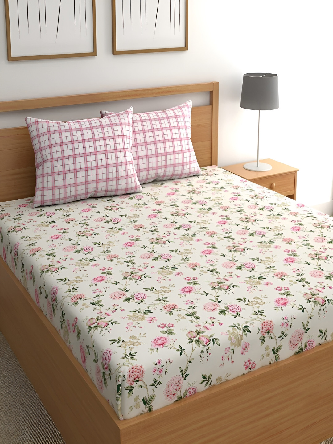 Srijee Decors Pink Floral Polycotton 210 TC Fitted King Fine Bedsheet with 2 Pillow Covers-87 x 93 inches