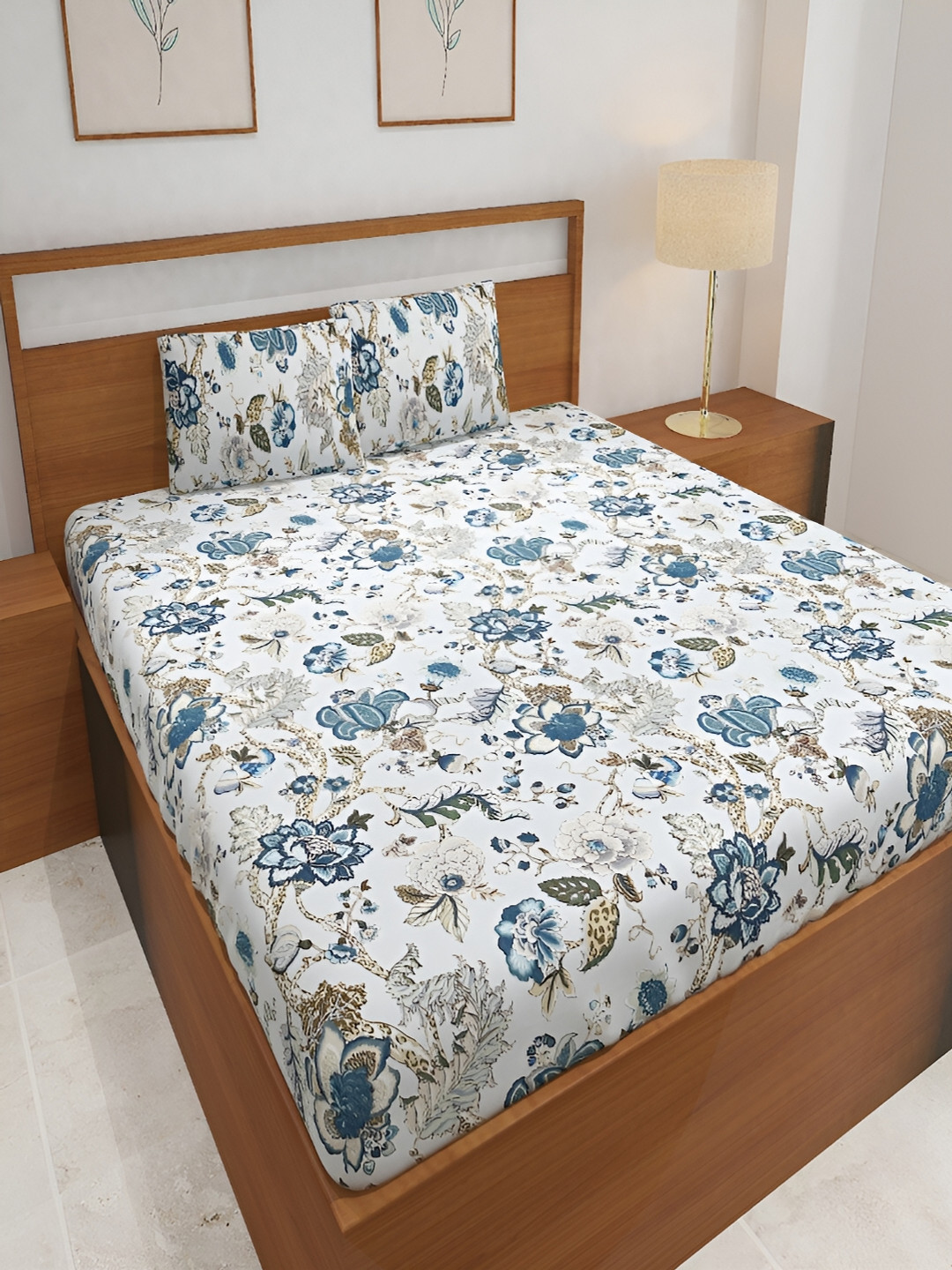 Srijee Decors Dream Lover Blue Floral Polycotton 250 TC Fitted King Fine Bedsheet with 2 Pillow Covers-198 x 182 cm