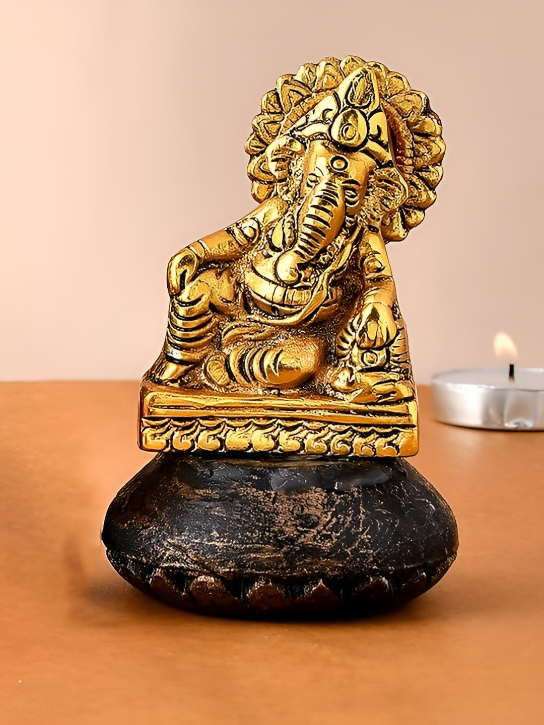 CraftVatika Resting Ganesha Gold Brass Metallic Prayer Room Medium Showpiece - 2.8 Inches