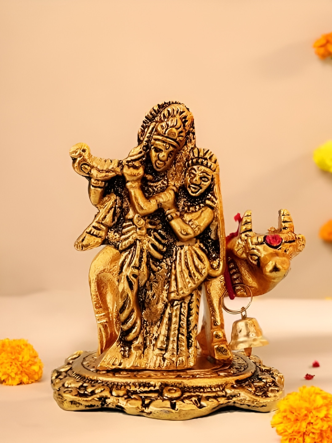 CraftVatika Radha Krishna Gold Brass Metallic Prayer Room Medium Showpiece - 3.2 Inches