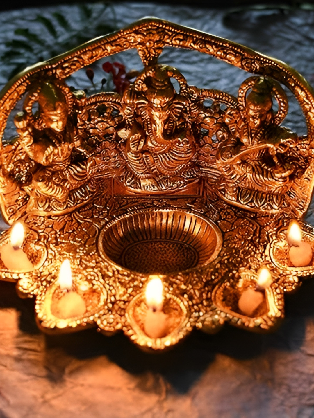 CraftVatika Laxmi Ganesha Saraswati Oil Lamp Deepak Panch Batti Gold Metal Metallic Prayer Room Medium Showpiece - 4.7 Inches