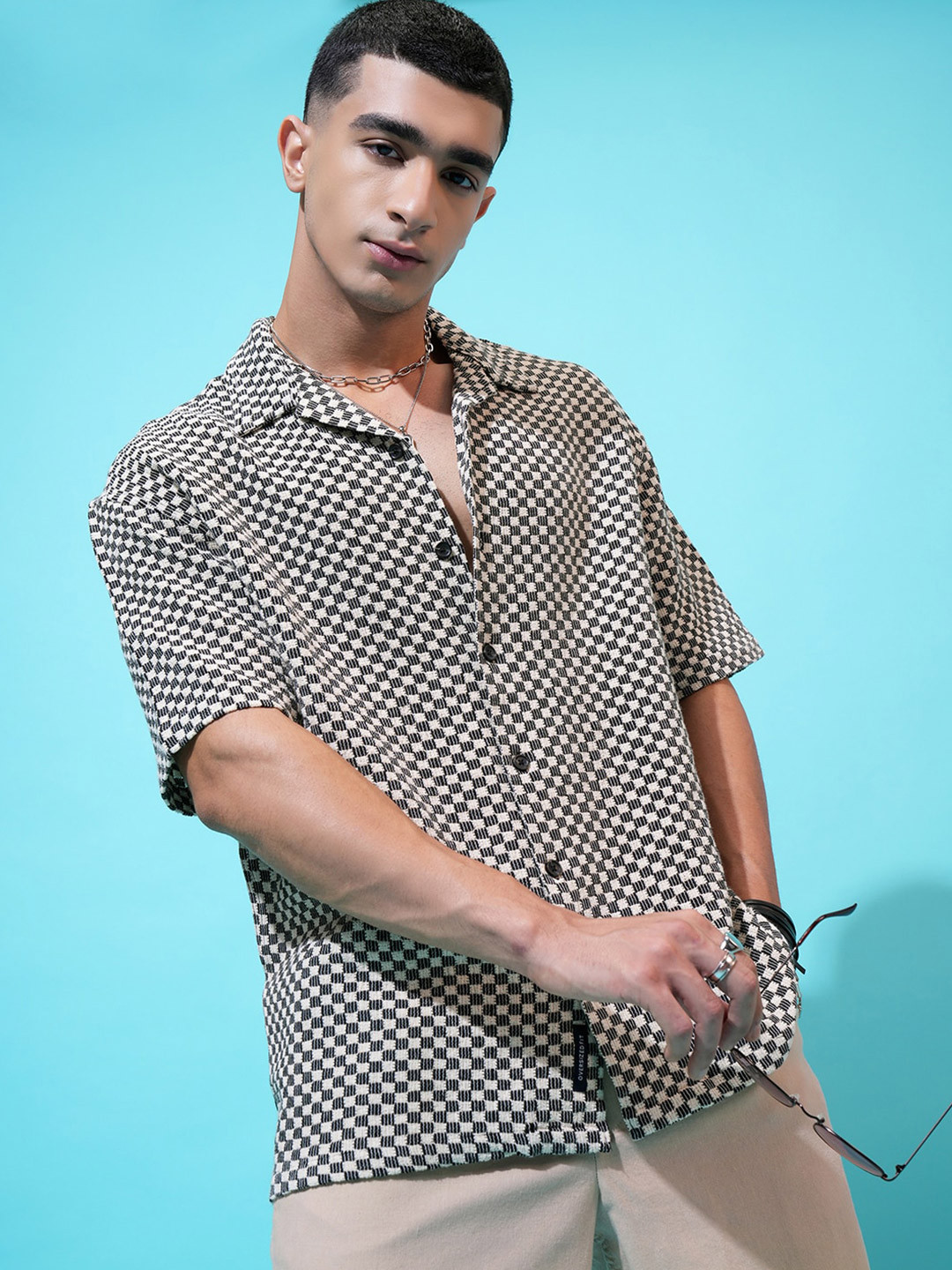 HIGHLANDER Textured Crochet Cuban Collar Oversized Shirt