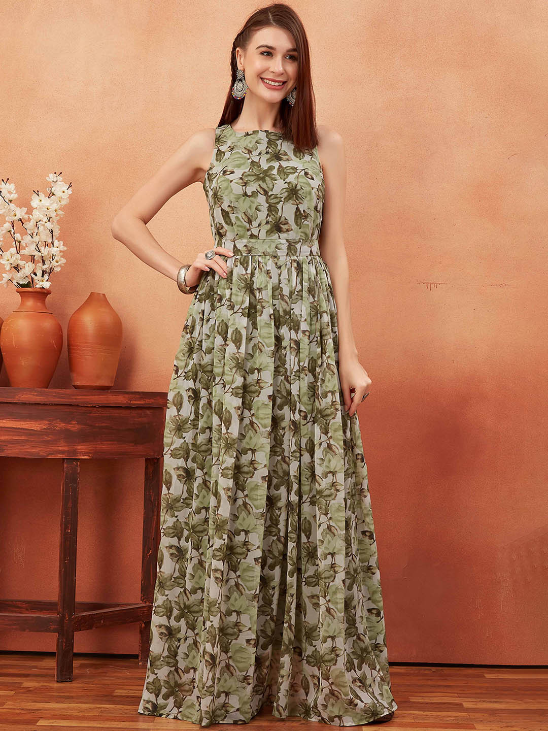 ODD BY chansi TRENDZ Floral Printed Belted Georgette Tiered Gown Ethnic Dress