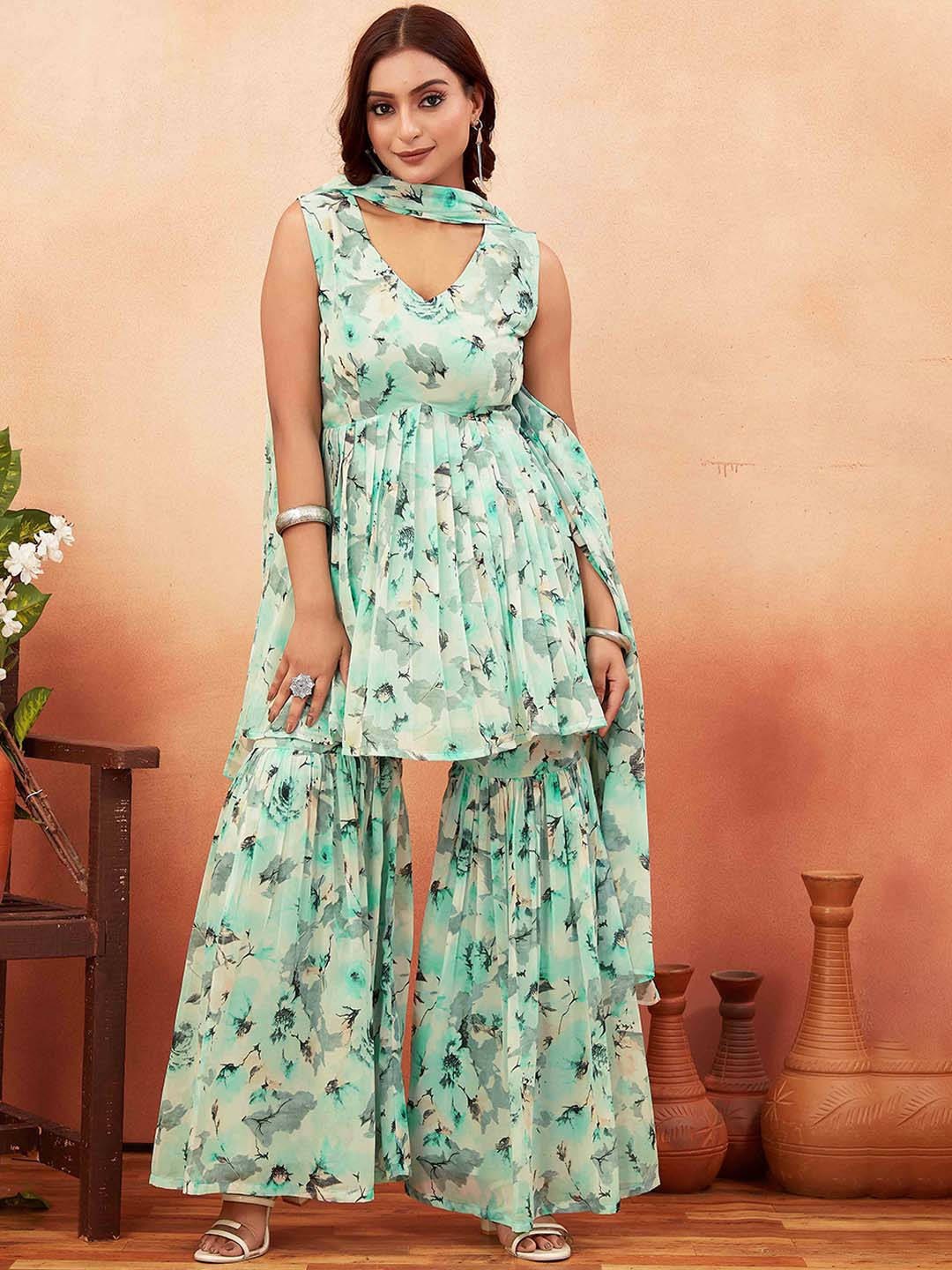 ODD BY chansi TRENDZ Floral Printed V-Neck Regular A-Line Kurti With Sharara & Dupatta