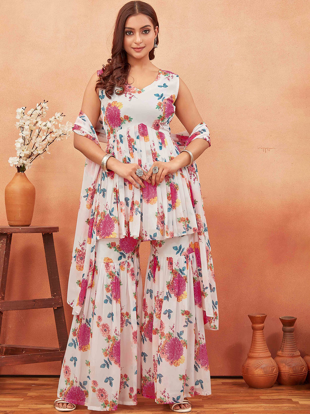 ODD BY chansi TRENDZ Floral Printed V-Neck Empire A-Line Kurti WithSharara & Dupatta