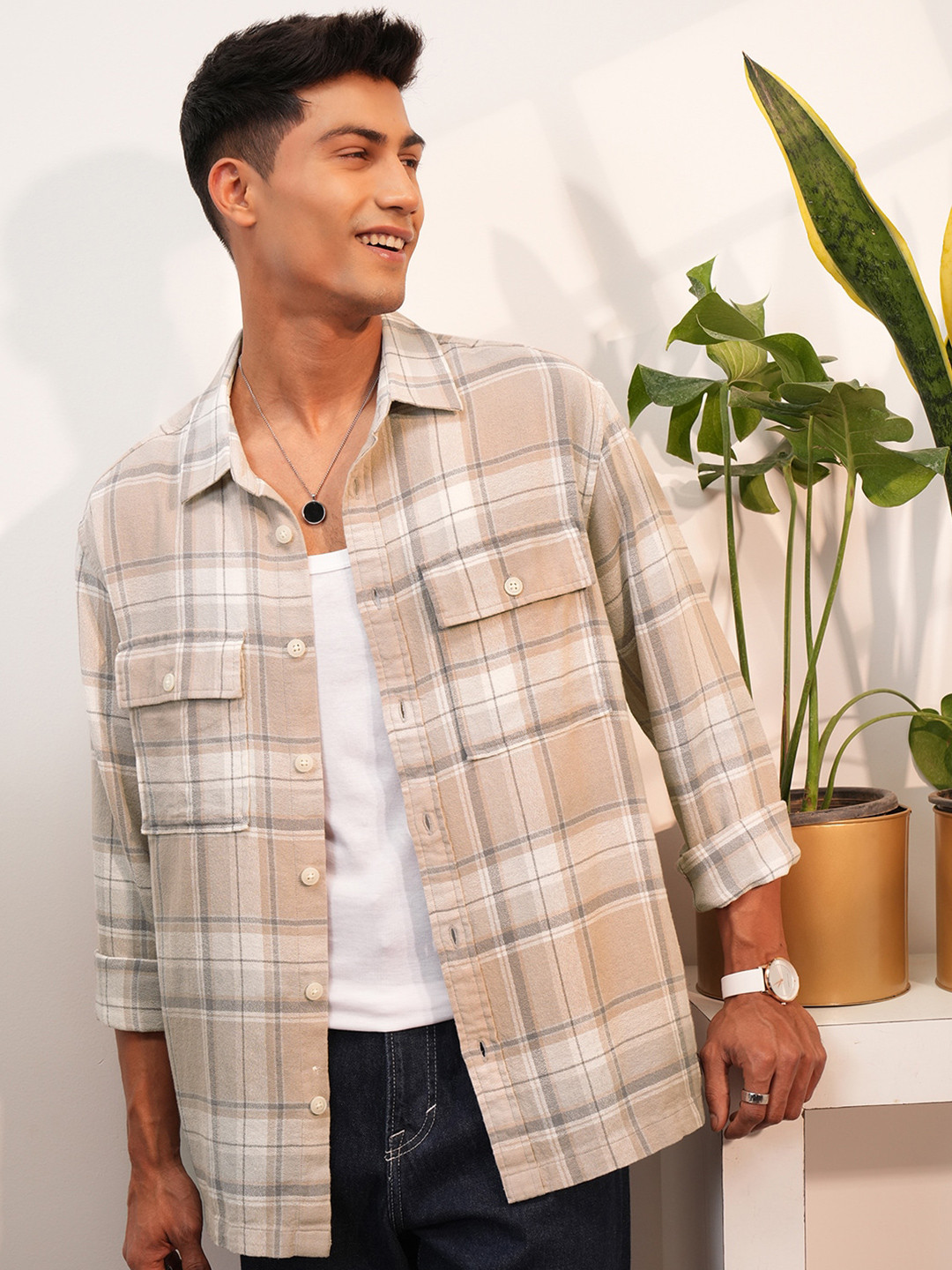 LOCOMOTIVE Premium Dobby Textured Checked Utility Pocket Oversized Cotton Overshirt