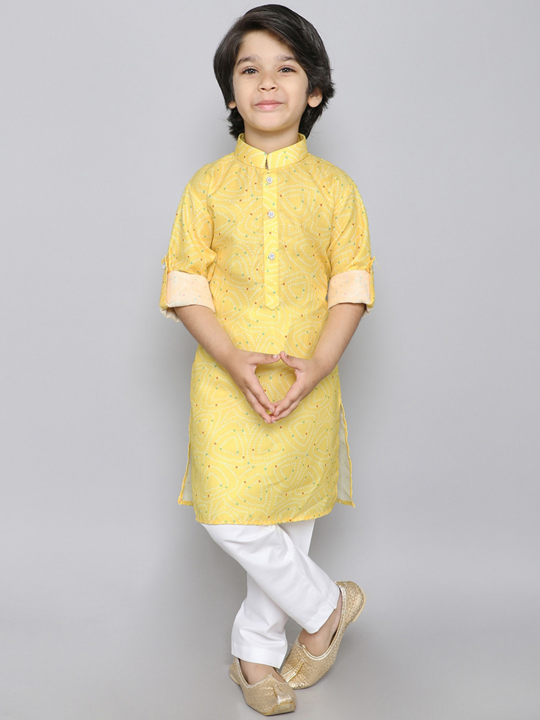 Ministitch Boys Yellow Bandhani Printed Mandarin Collar Regular Kurta with Trousers Set