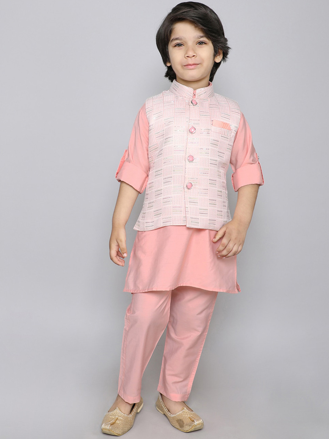 Ministitch Boys Mandarin Collar Roll-Up Sleeves Straight Kurta Trousers With Jacket