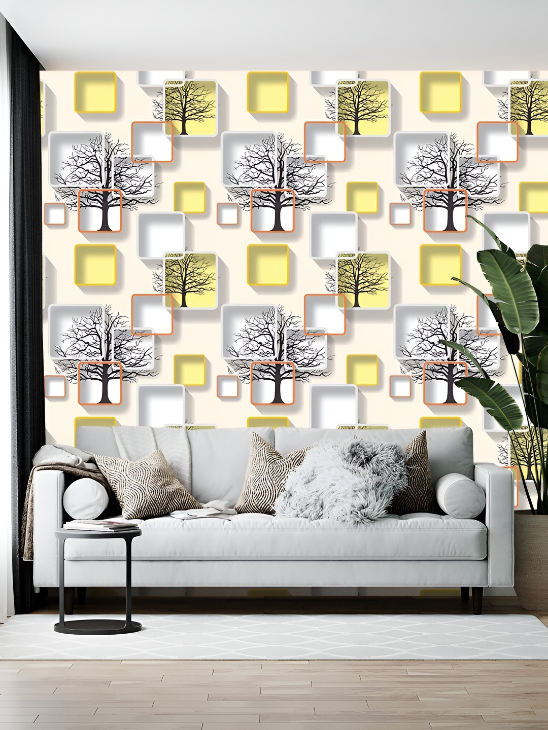 Wallpics Yellow & White Printed Self-Adhesive Wallpaper