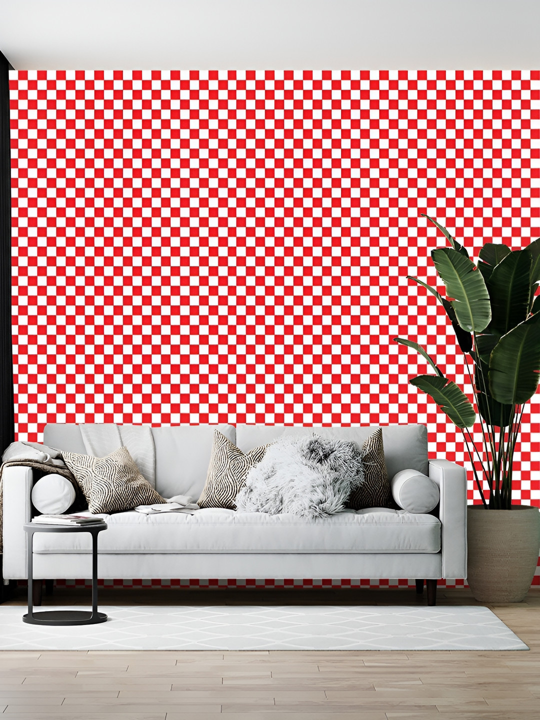 Wallpics White & Red Checked Printed Wallpaper