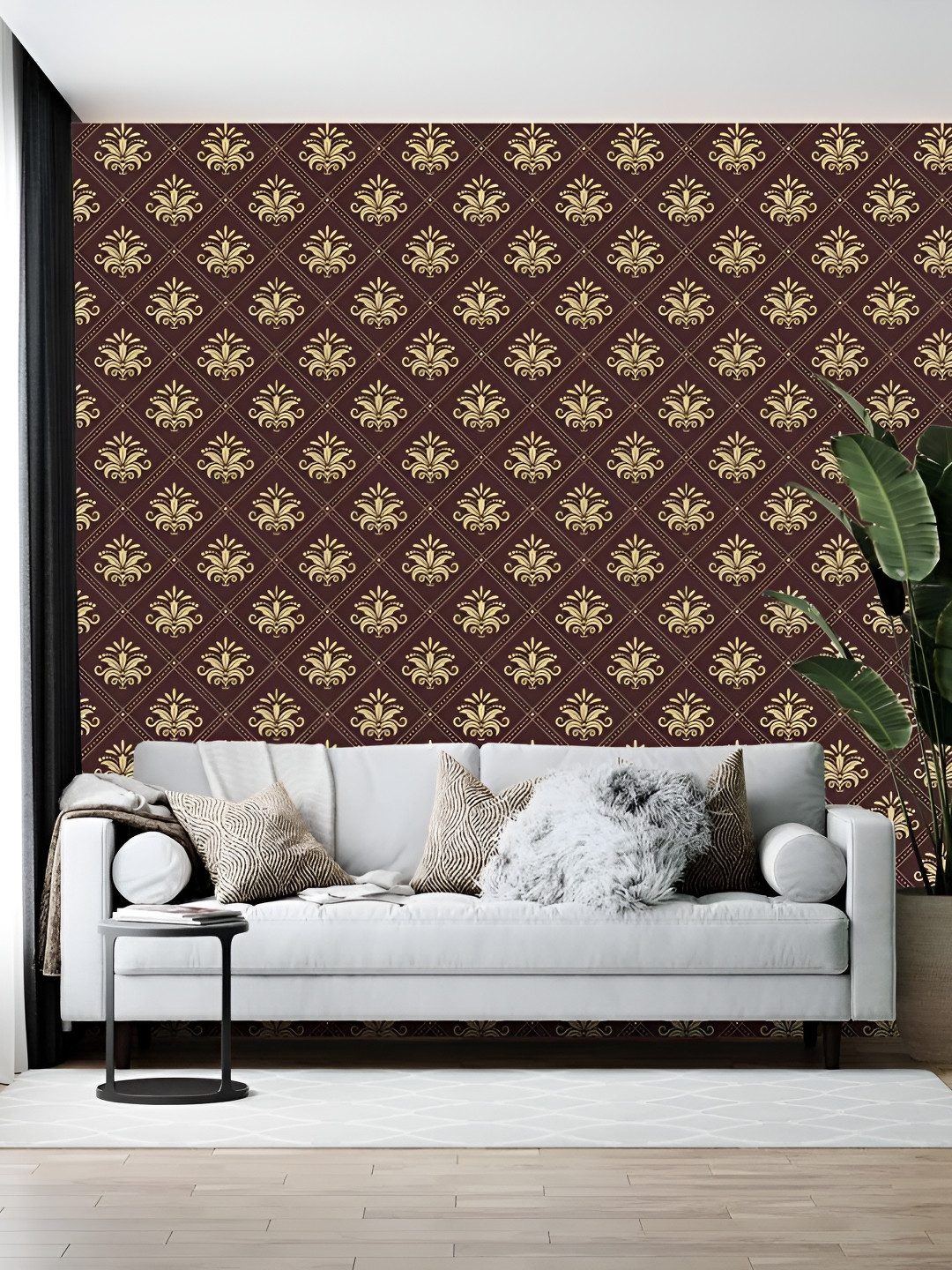 Wallpics Brown and Cream Floral Printed Wallpaper Sticker