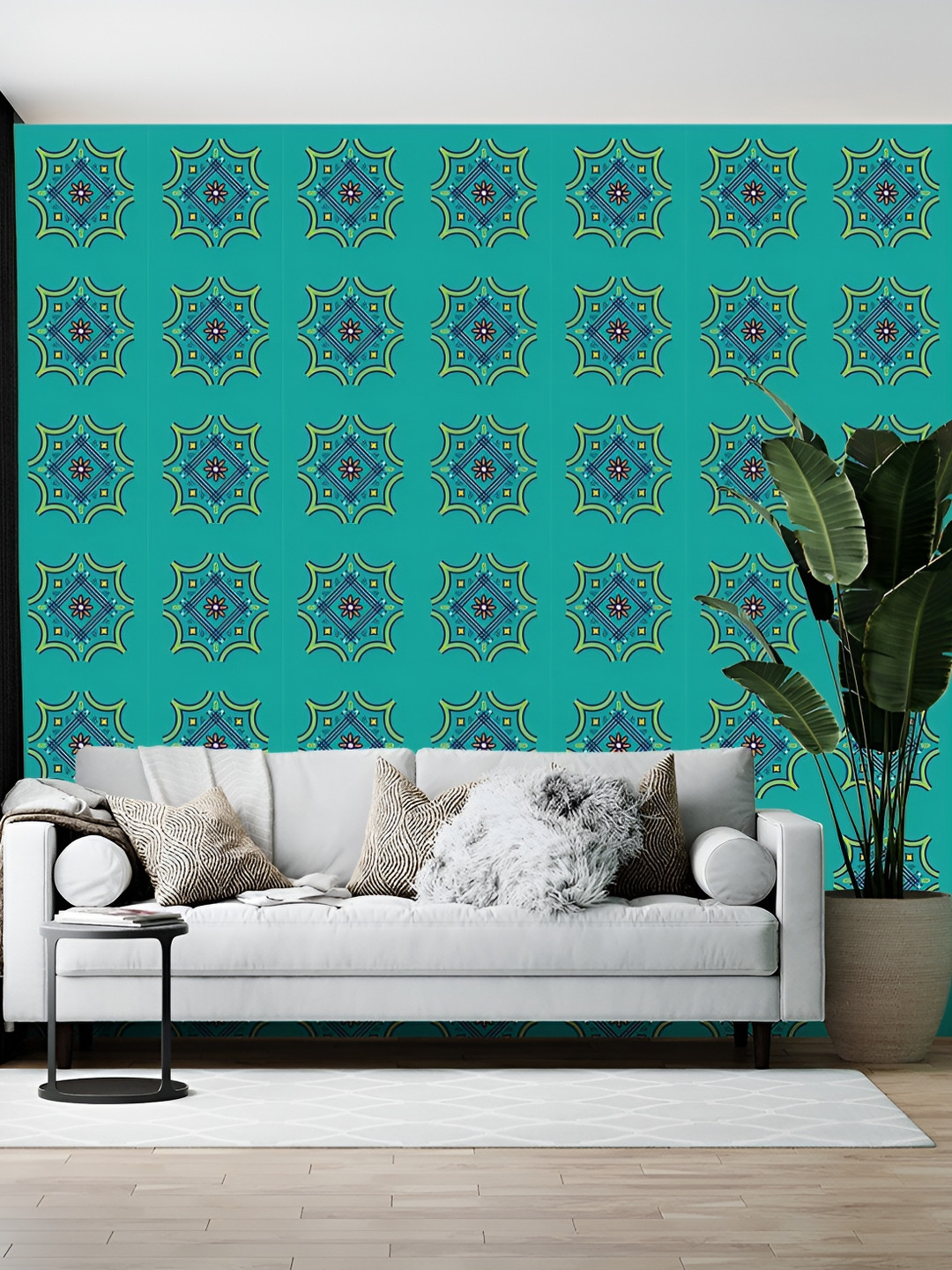 Wallpics Teal Blue Floral Printed Self Adhesive Wallpaper