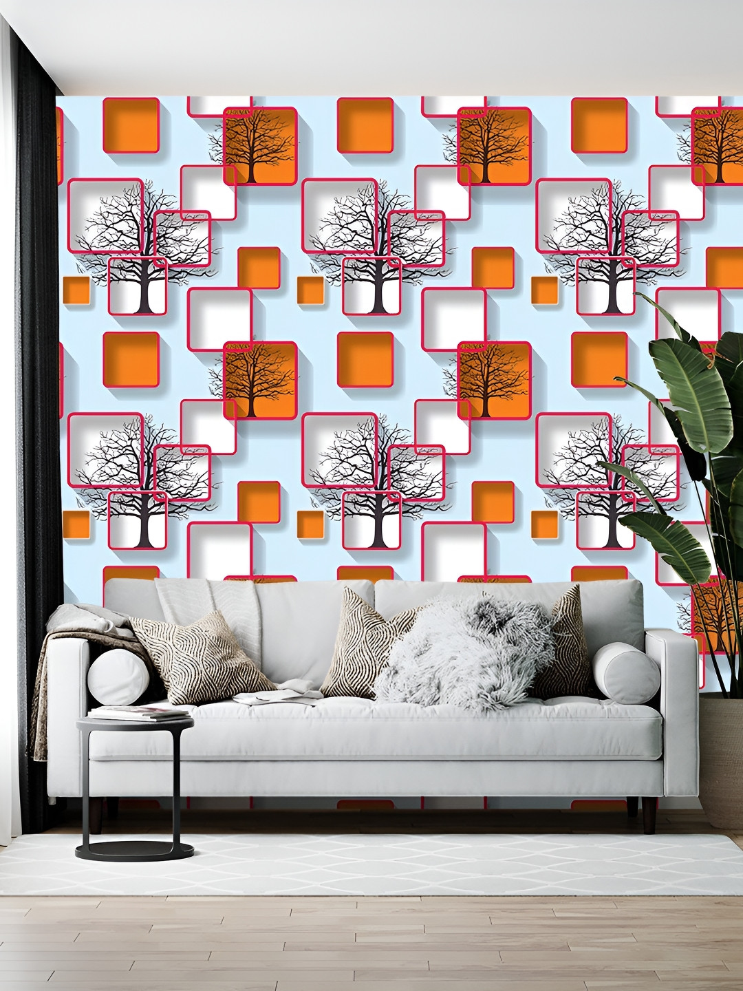 Wallpics Blue & Orange Printed Self Adhesive Wall Sticker