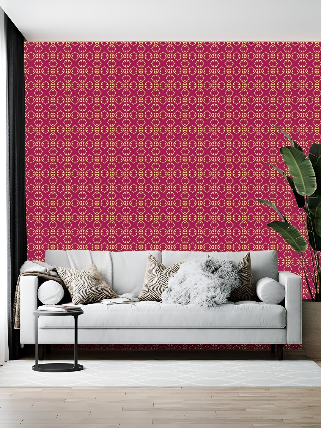 Wallpics Magenta Pink & Beige Printed Wallpaper