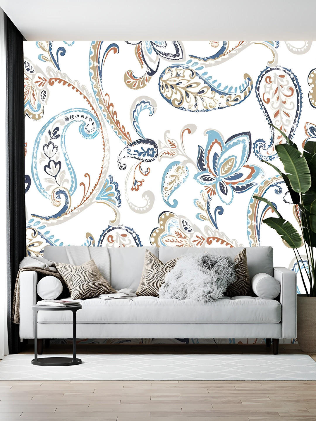 Wallpics White & Blue Floral Printed Wallpaper