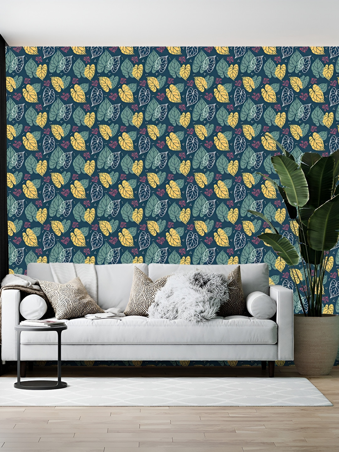 Wallpics Navy Blue & Yellow Floral Printed Self Adhesive Wall Sticker