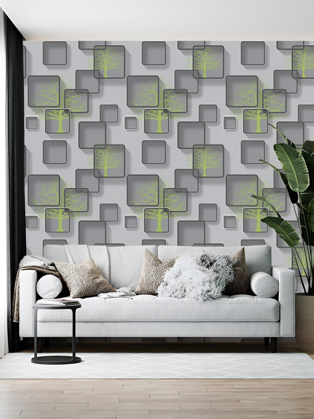Wallpics Grey & Green Printed Self-Adhesive Wallpaper