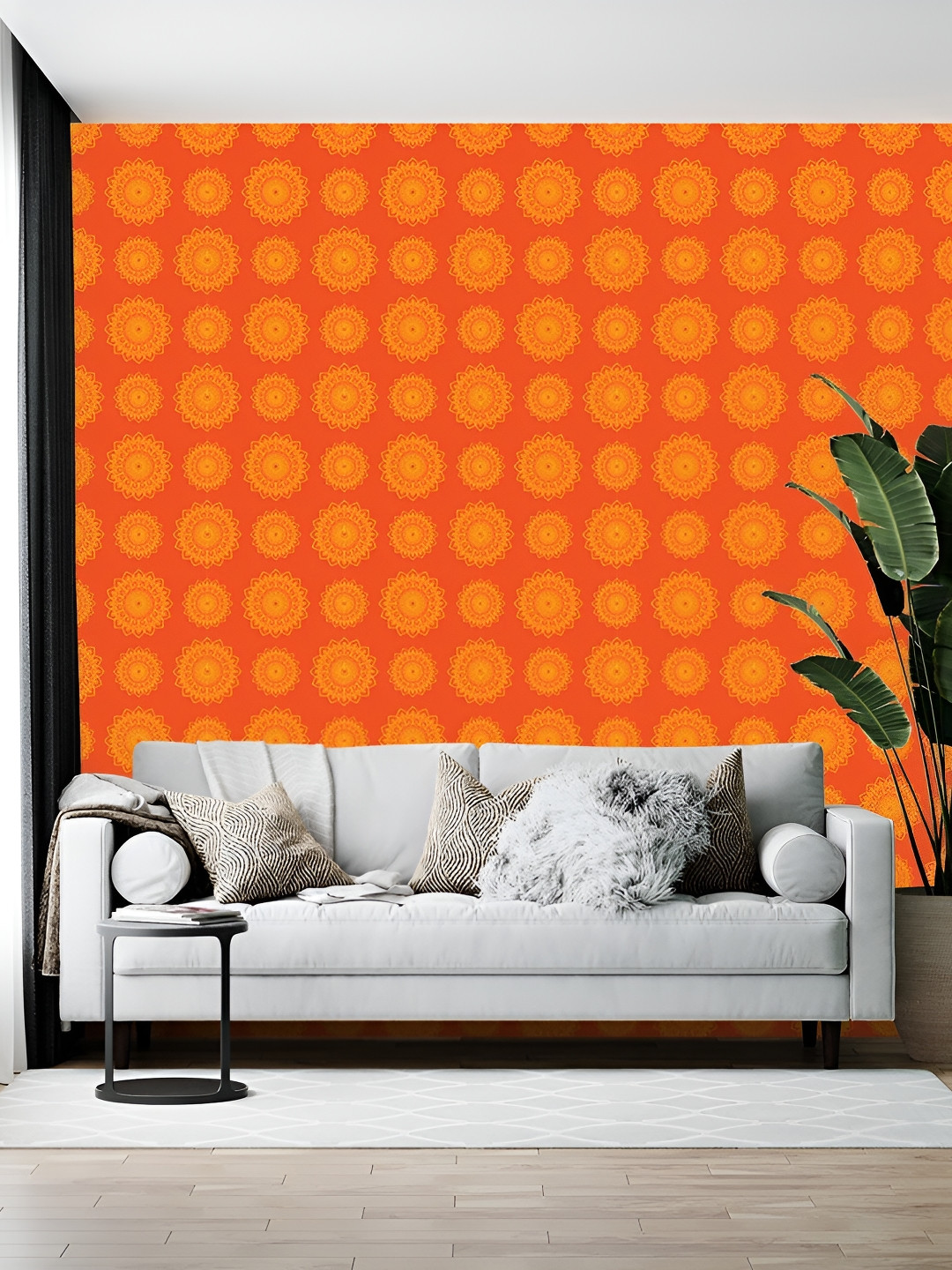 Wallpics Orange Colored & Yellow  Printed Self-Adhesive Wallpaper