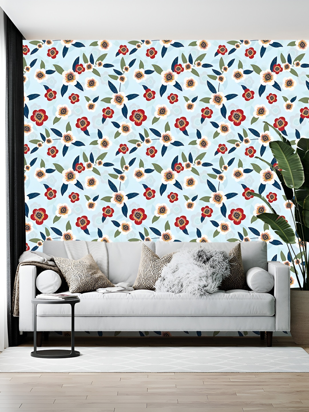 Wallpics Blue & Red Floral Printed Self-Adhesive Wallpaper