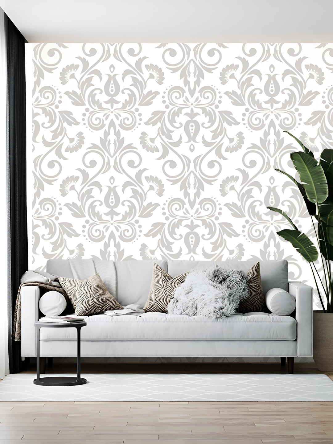 Wallpics White & Grey Floral Printed Wallpaper