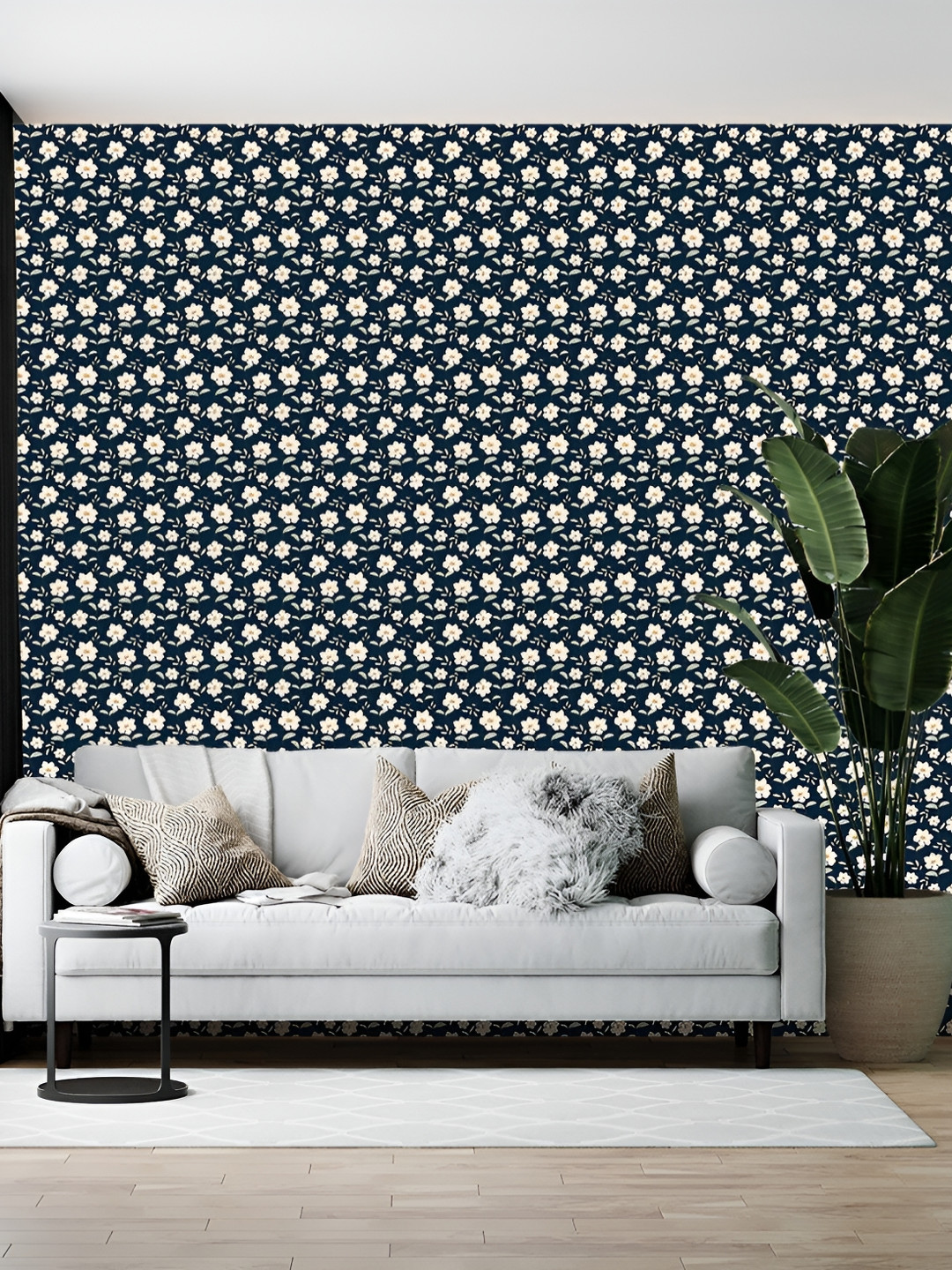 Wallpics Navy Blue & White Floral Printed Self-Adhesive Wallpaper