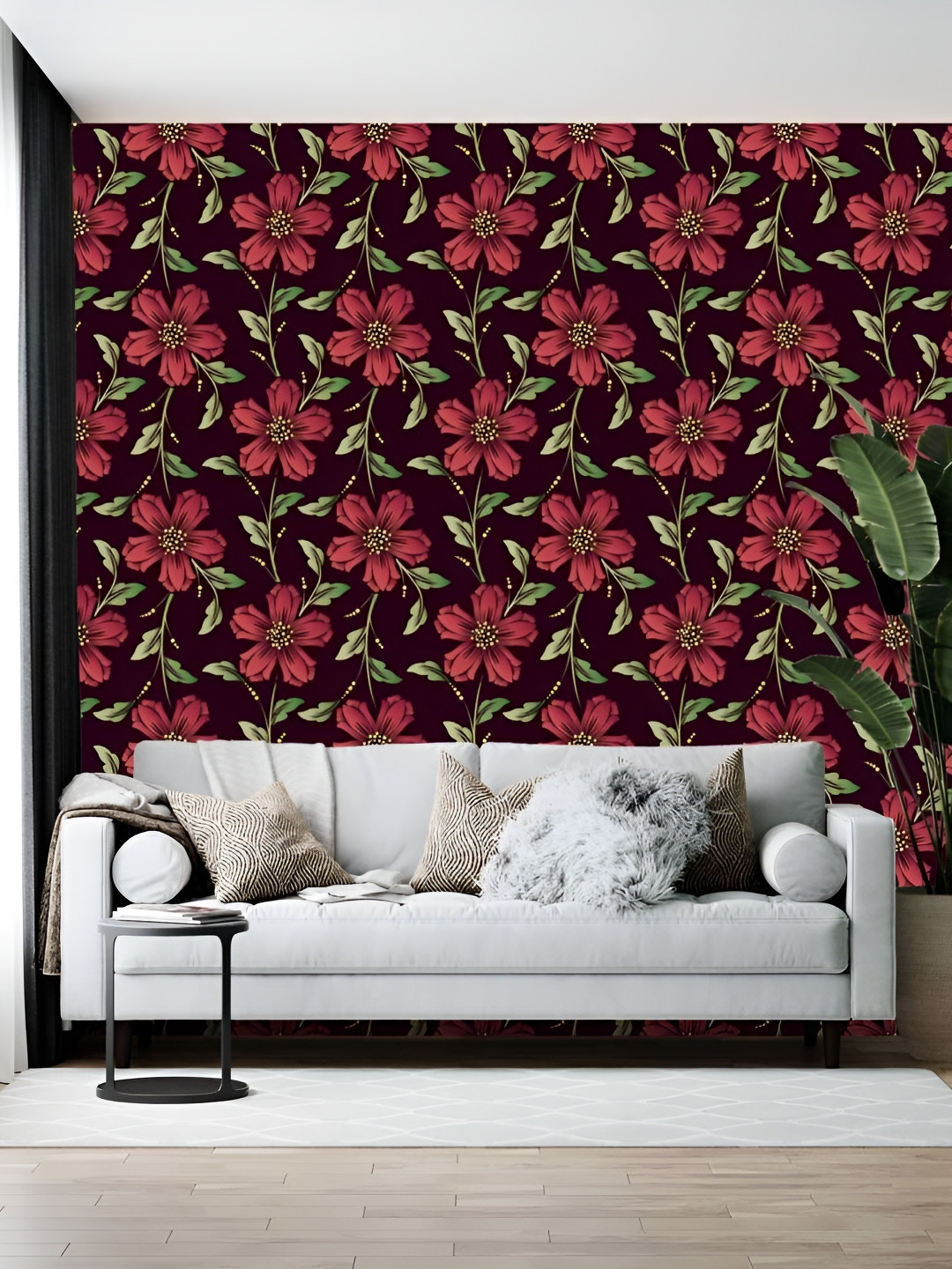 Wallpics Red & Green Floral and Botanical Printed Self-Adhesive Wallpaper