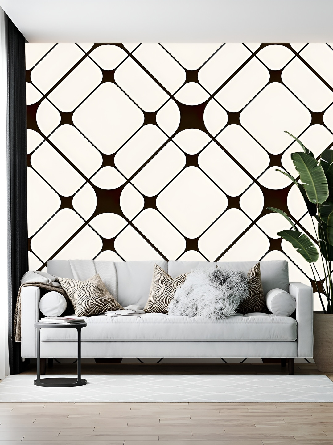 Wallpics Cream-Colored & Black Abstract Printed Wallpaper