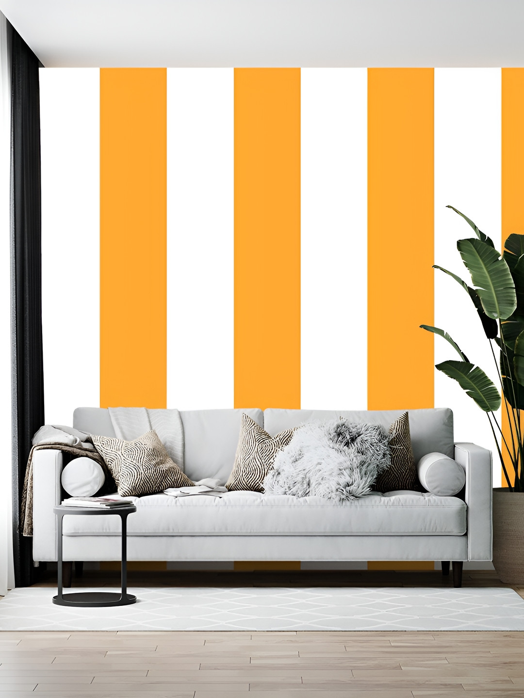 Wallpics Yellow & White Striped Printed Self-Adhesive Wallpaper