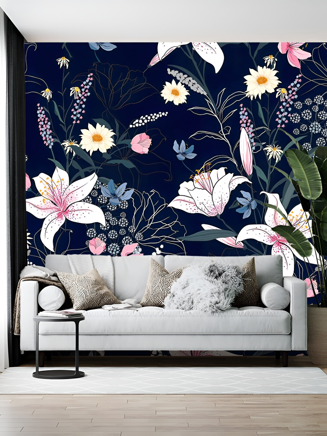 Wallpics Navy Blue & Pink Floral Printed Self Adhesive Wall Sticker