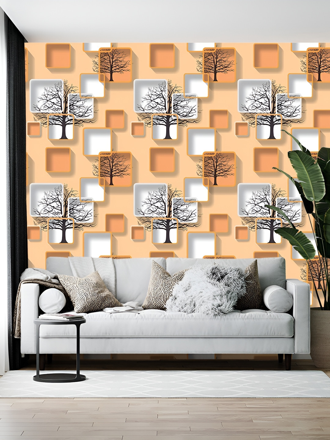 Wallpics Orange Coloured & White Printed Self-Adhesive Wallpaper