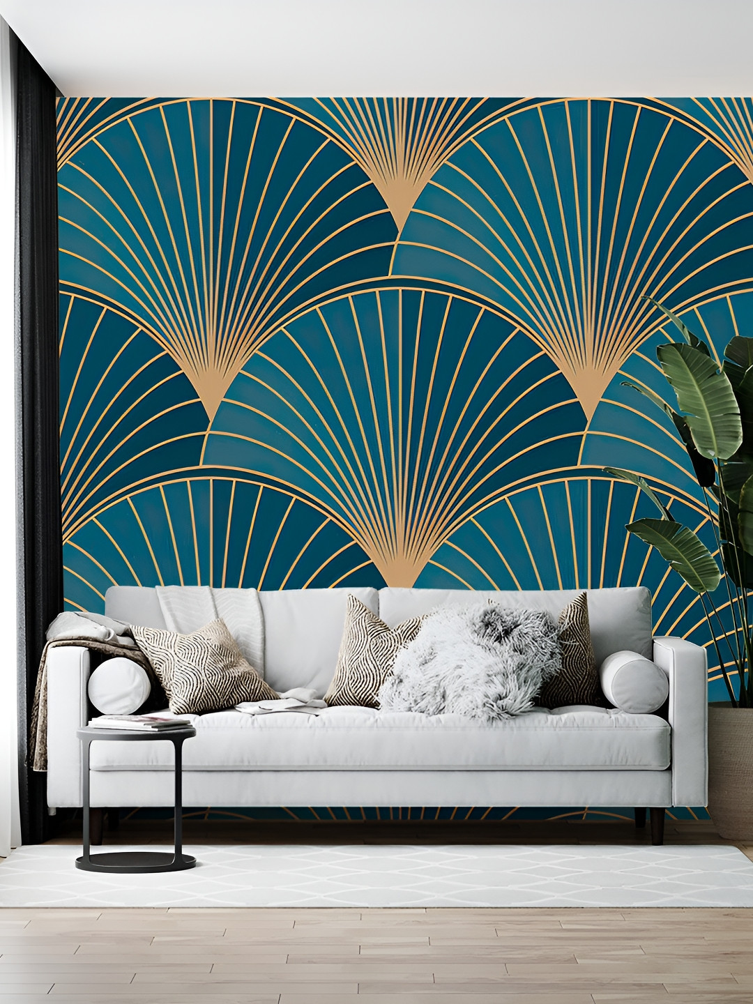 Wallpics Teal Blue & Beige Printed Mural Wallpaper