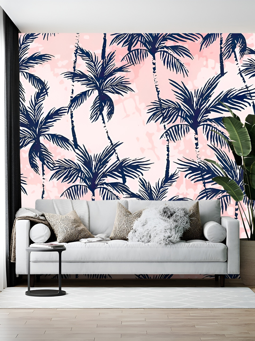 Wallpics Navy Blue & Rose Pink Printed Self-Adhesive Wallpaper
