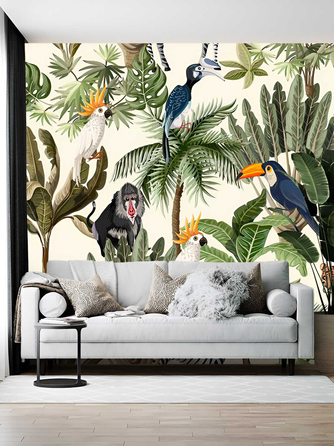 Wallpics Cream Colored & Green Tropical Printed Self-Adhesive Wallpaper