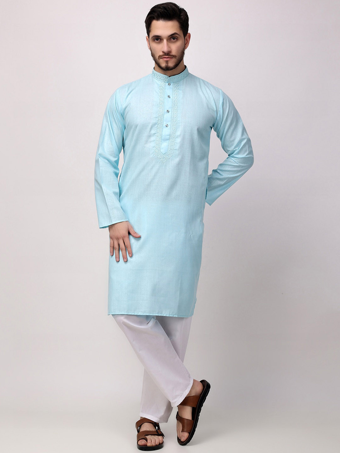 ROYAL KURTA Embroidered Thread Work Band Collar Pure Cotton Straight Kurta With Trouser