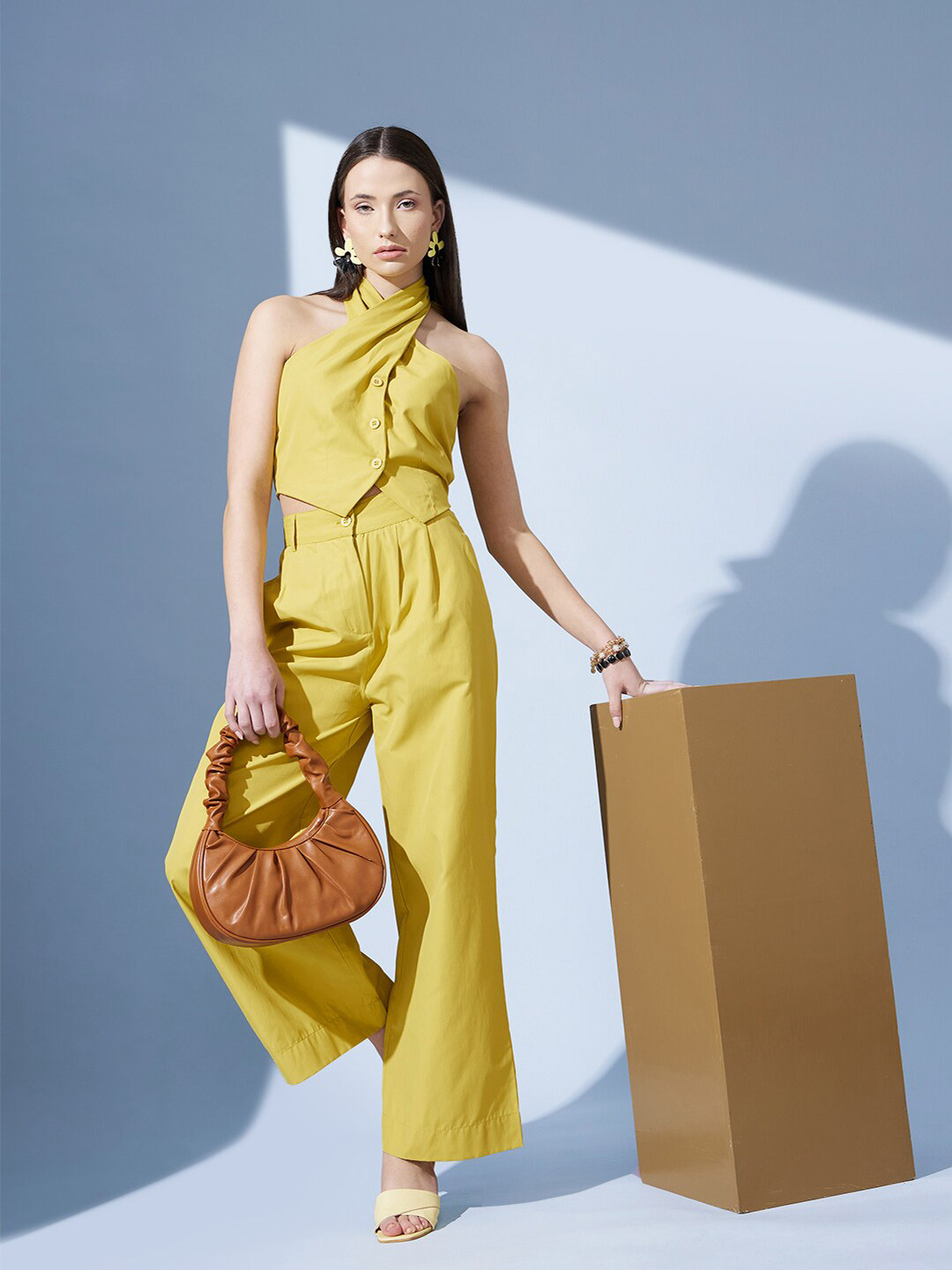 STREET 9 Yellow Halter Neck Pure Cotton Crop Top