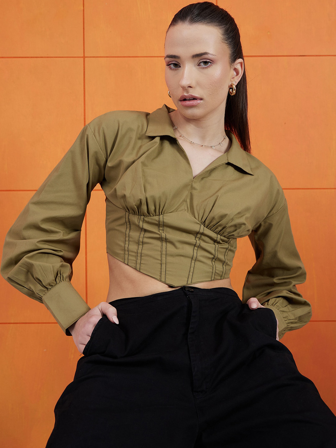 STREET 9 Green Shirt Collar Cuffed Sleeves Pure Cotton Crop Corset Top