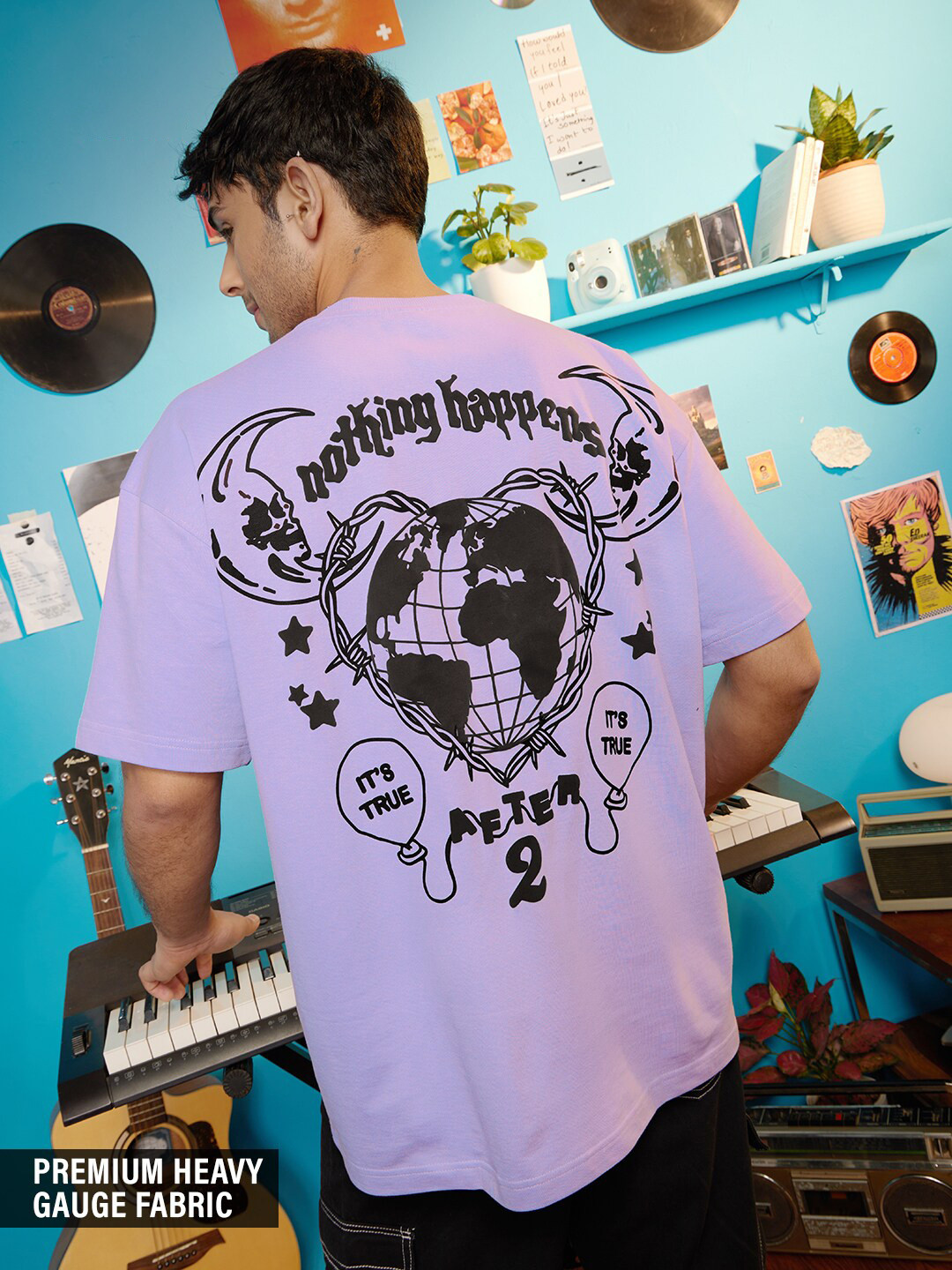 The Souled Store Lavender Colour & Black Graphic Printed Pure Cotton Oversized T-shirt