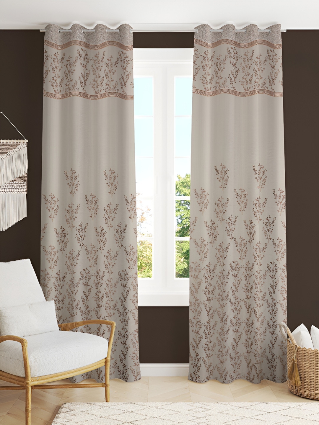 Kraftiq Homes Rose Gold & White 2 Pieces Embroidered Room Darkening Long Door Curtains