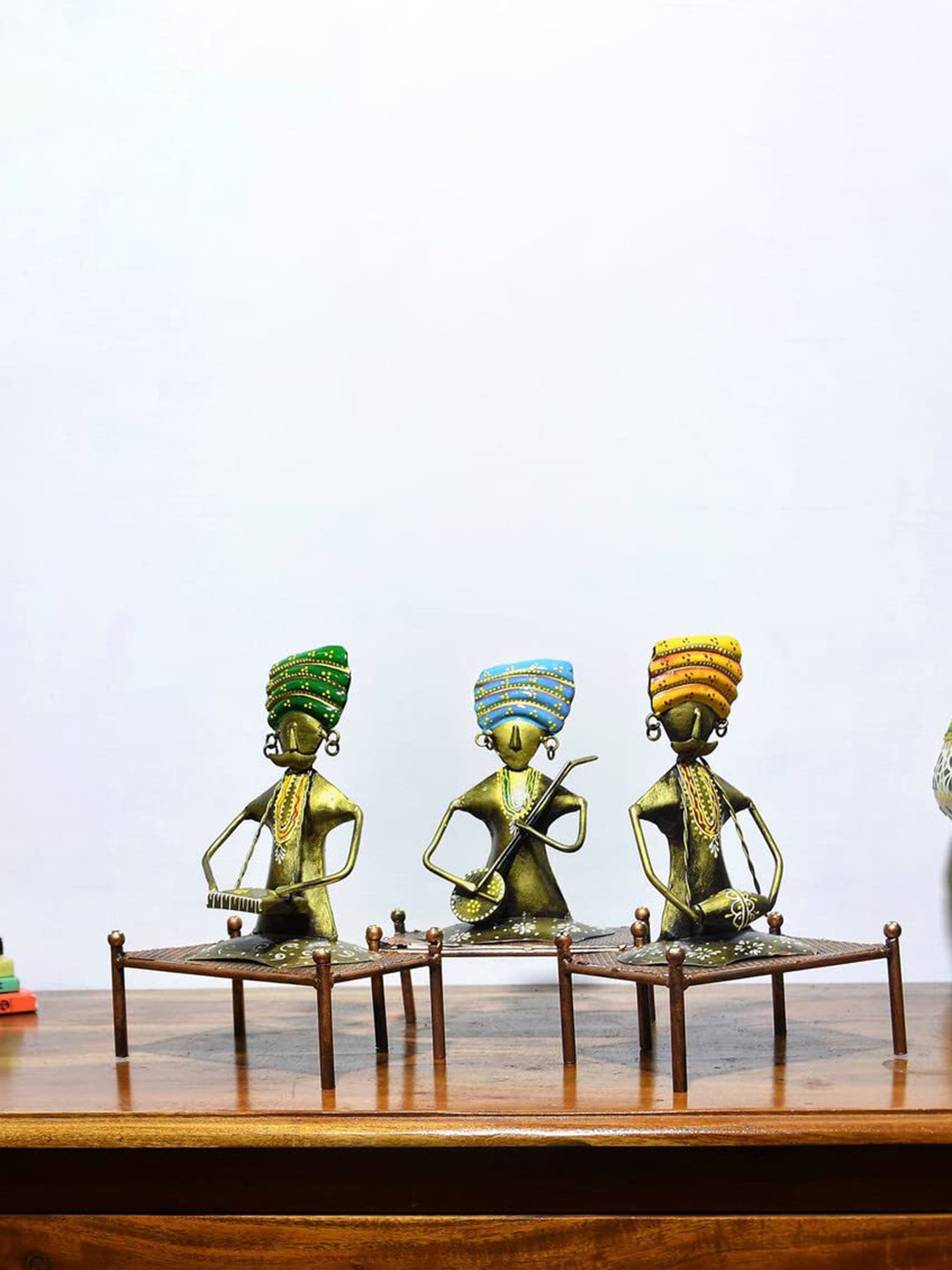SANKALAN CREATIONS Macha Much Musicians Gold Metal Metallic Living Room Music Set of 3 Large Showpieces - 7 Inches