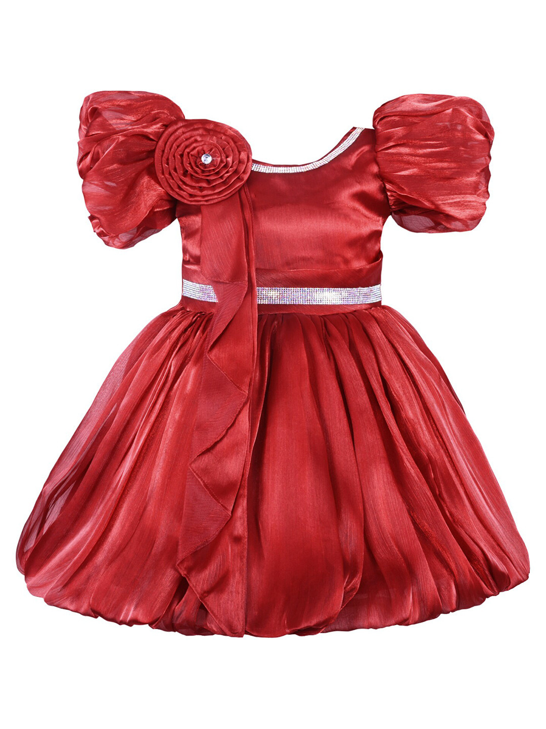 Wish Karo Girls Puffed Sleeves Embellished Satin Fit & Flare Dress With Attached Dupatta