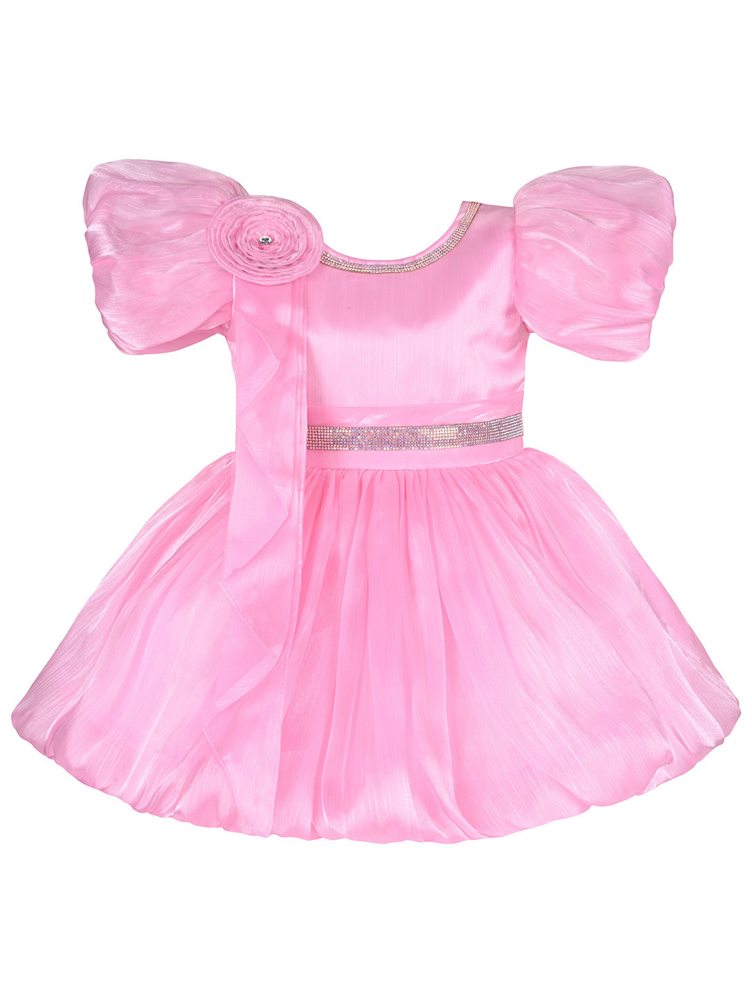 Wish Karo Girls Puffed Sleeves Embellished Satin Fit & Flare Dress With Attached Dupatta