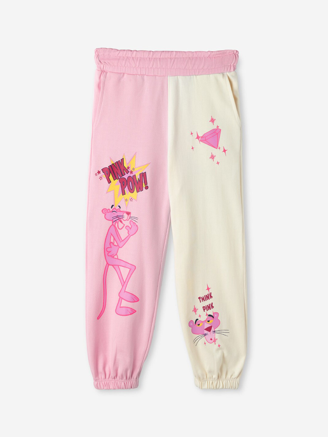 The Souled Store Girls Pink Pink Panther Printed Pure Cotton Mid Rise Joggers