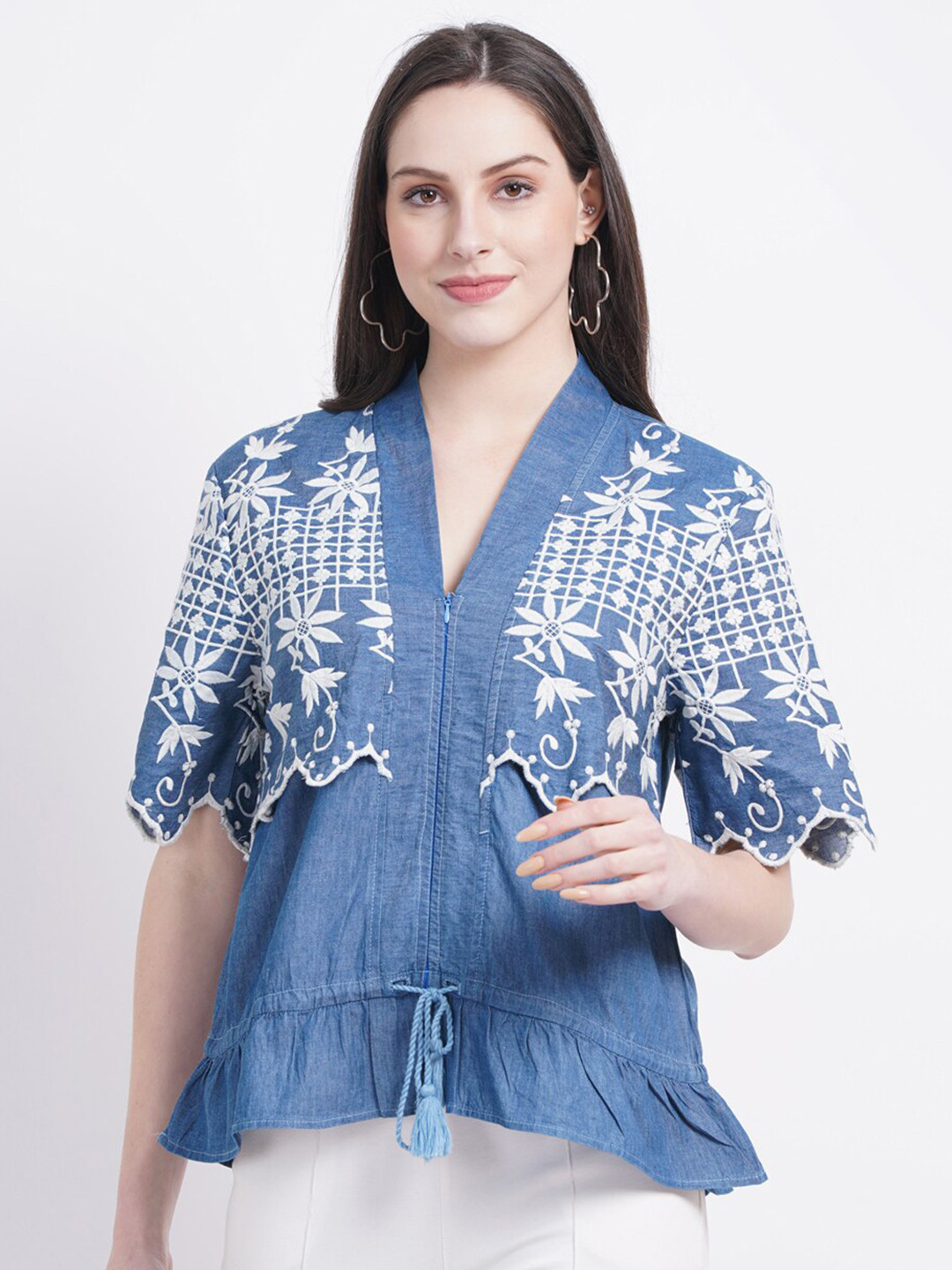 SUMAVI-FASHION Floral Embroidered Organic Cotton Ruffled Denim Top